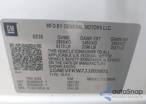 2018 Chevrolet Traverse Ls из США, поврежденный, VIN 1GNEVFKW7JJ205801